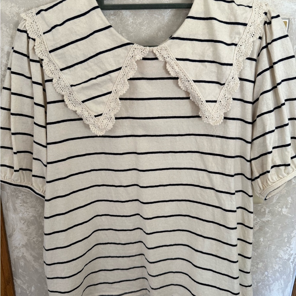 100% Cotton Striped Lace Collar Blouse